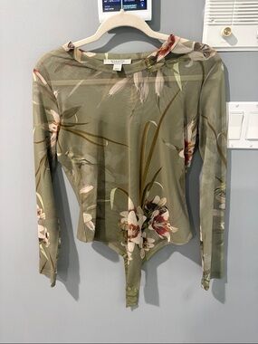 All Saints Olive Green Floral Sheer Long Sleeve Bodysuit